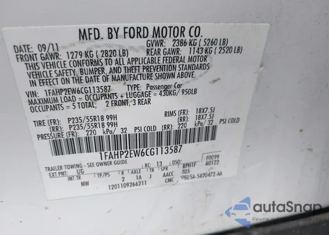 2012 Ford Taurus Sel z USA, uszkodzony, nr VIN 1FAHP2EW6CG113587